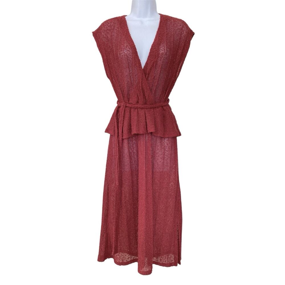 Vintage 70s Boho Sheer Knit Cranberry Peplum Deep V Faux Wrap Midi Dress S/4/6
